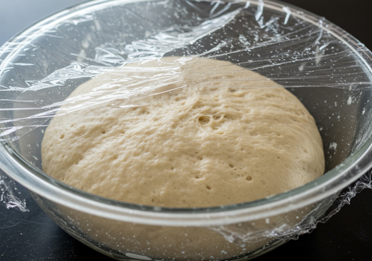 Soft bread dough rising in a bowl, covered with plastic wrap, indicating successful fermentation.