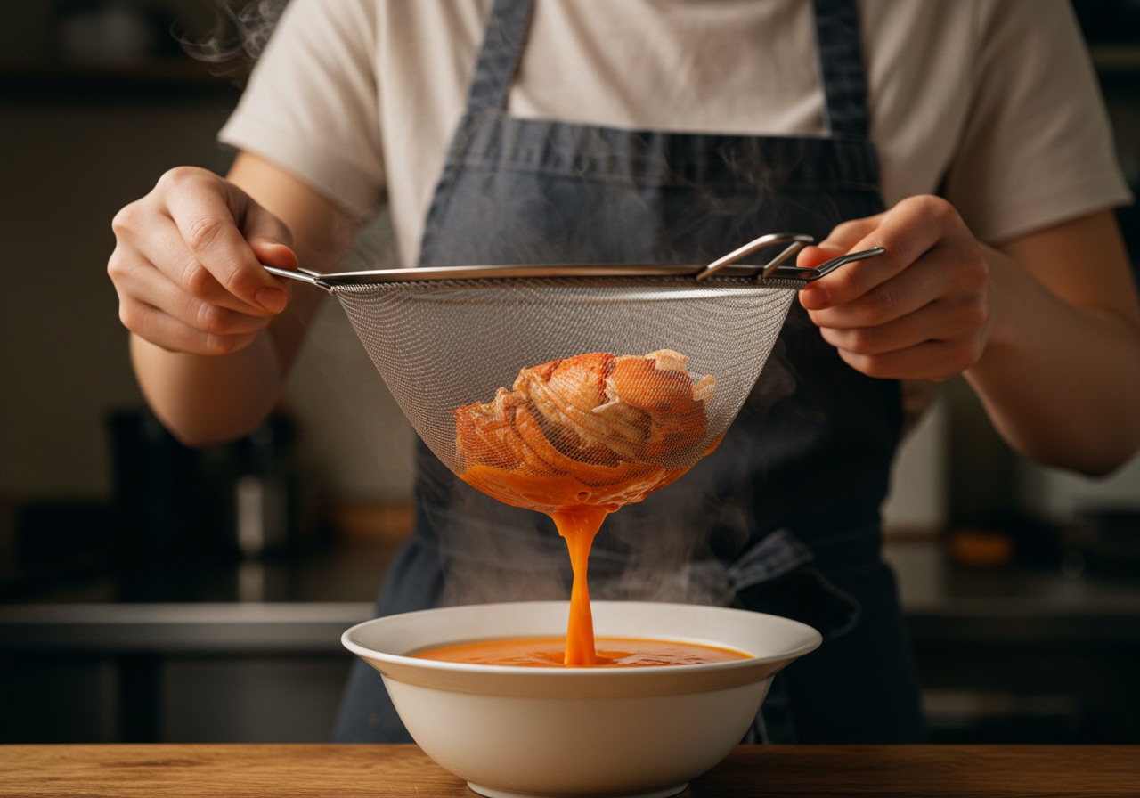 Someone carefully straining the cooked lobster shell soup through a fine-mesh sieve into a clean bowl