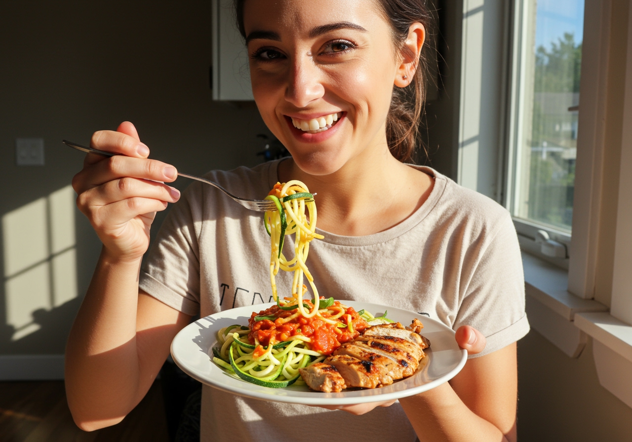 Someone enjoying a healthy low-carb pasta meal, smiling and looking satisfied.