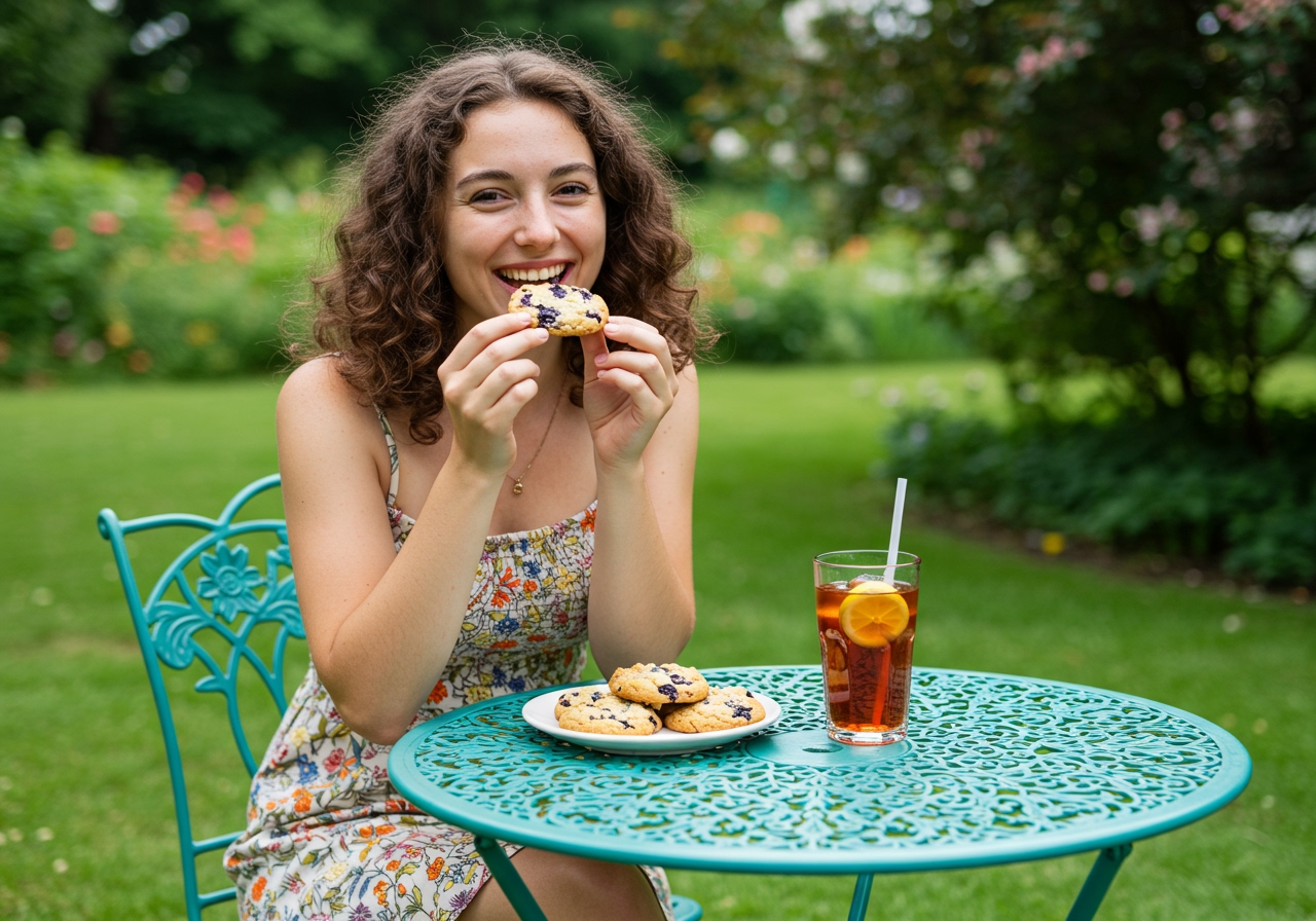 Someone happily enjoying a natural blueberry and white chocolate cookie with a glass of iced tea in a sunny garden or park setting.