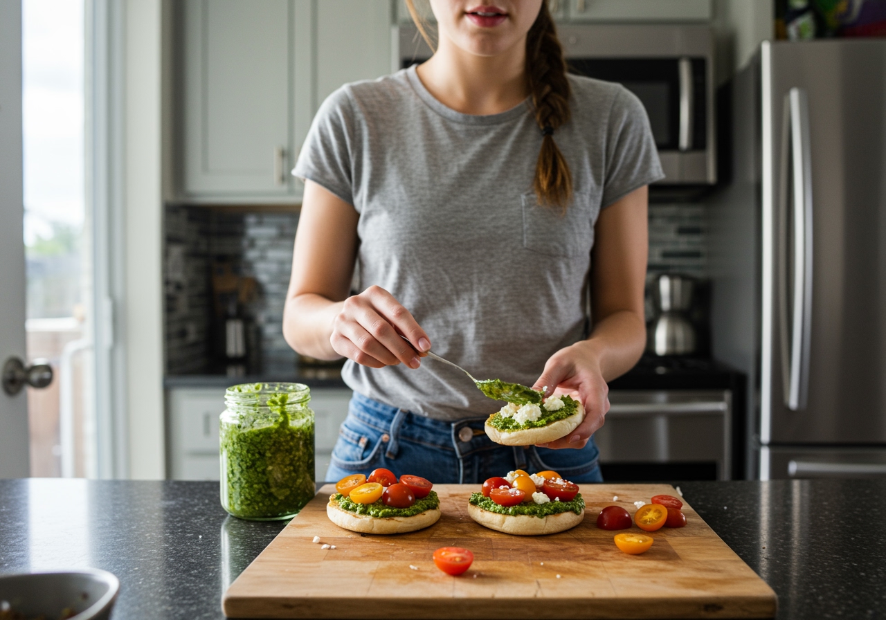Someone quickly assembling a healthy English muffin appetizer with pre-prepared ingredients in a kitchen setting.