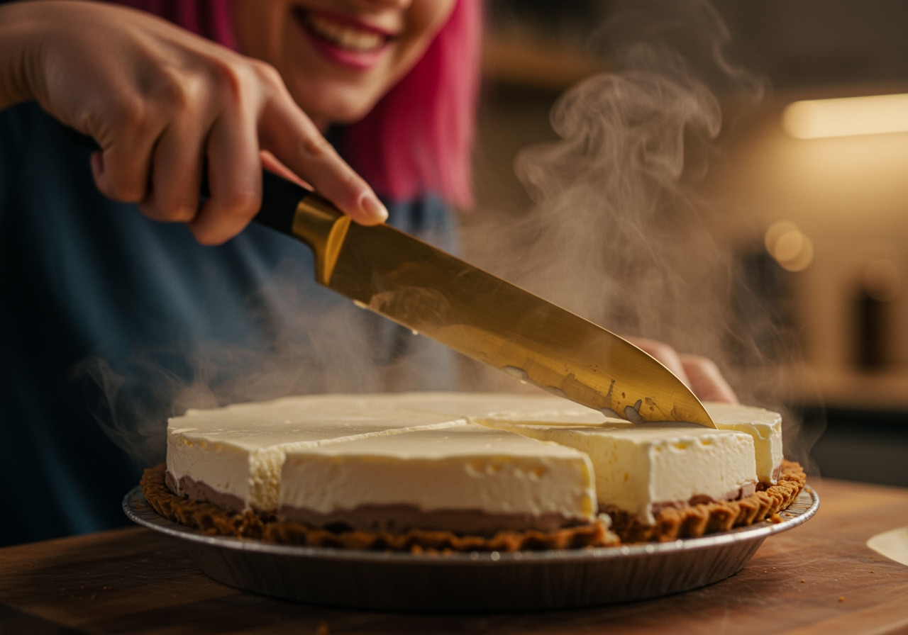 Someone slicing an ice cream pie with a warm knife