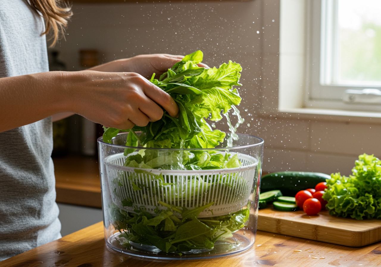 Someone washing and drying mixed greens in a salad spinner, preparing the ingredients.