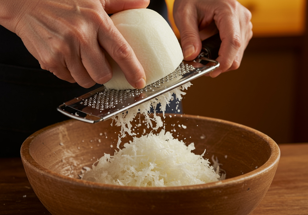 Someone's hands grating a fresh daikon radish using a traditional Japanese grater, showing the texture of the grated daikon.