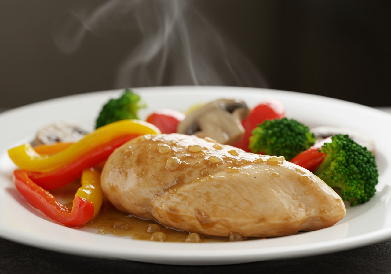 Steamed chicken breast with colorful bell peppers, broccoli, and mushrooms on a plate