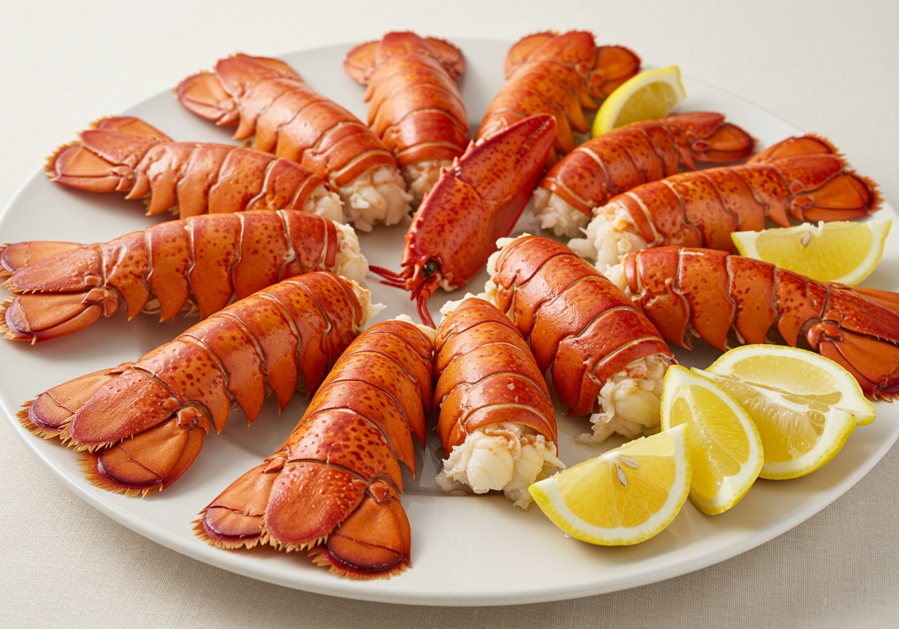 Steamed lobster tails beautifully arranged on a serving plate with lemon wedges.