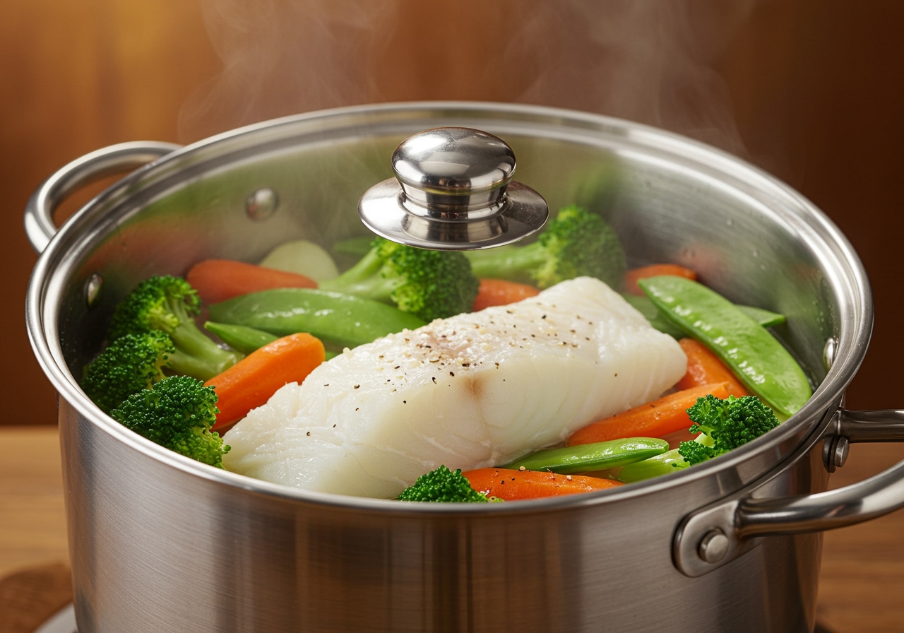 Steamed white fish and vegetables cooking in a covered pot or steamer.