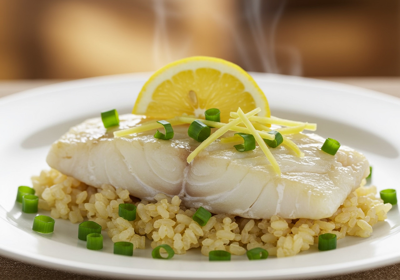 Steamed white fish with ginger, green onions, and a slice of lemon on top, served on a plate. The fish looks moist and flaky.