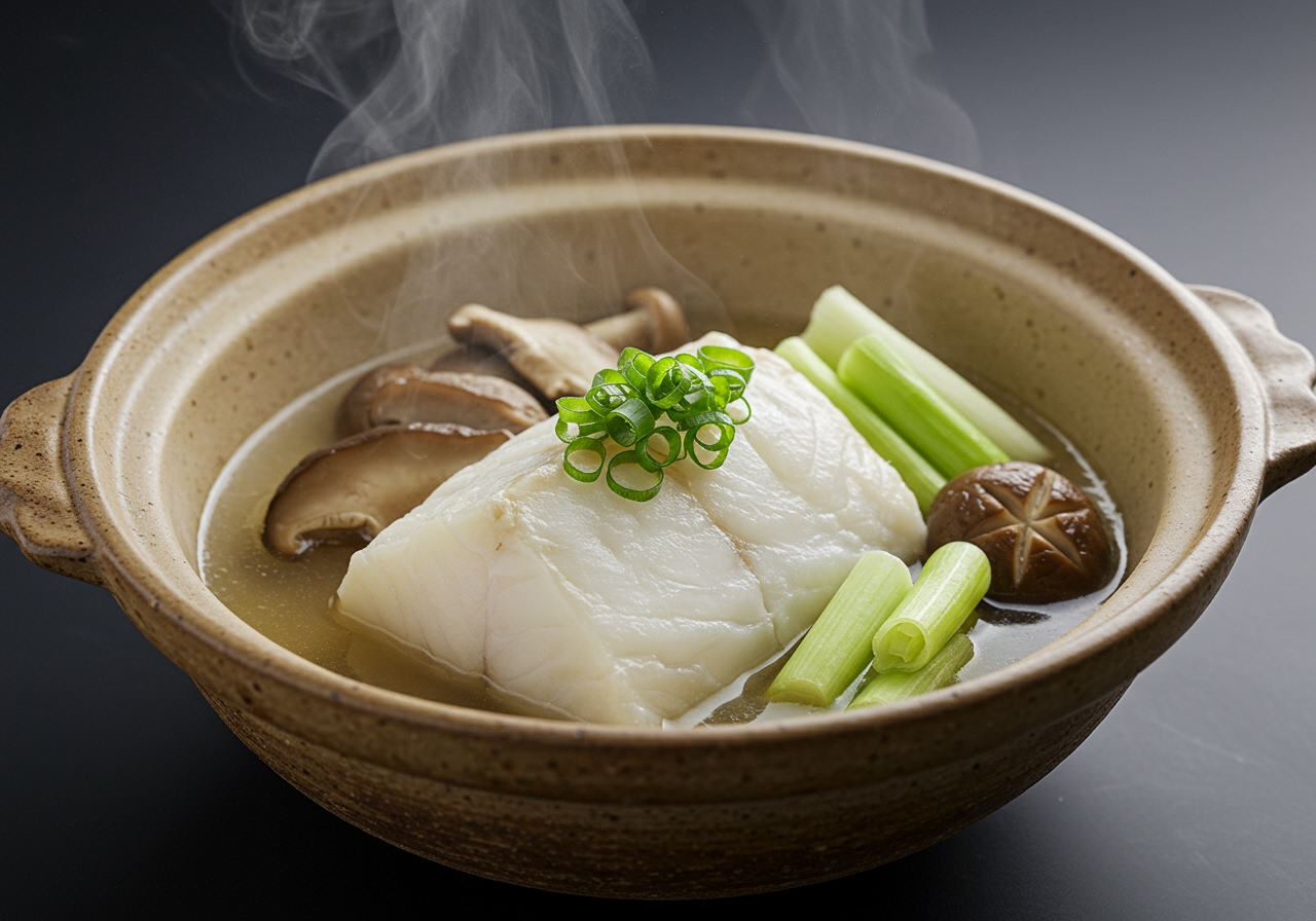 Steamed white fish with vegetables (like mushrooms and green onions) served in a Japanese-style ceramic bowl.