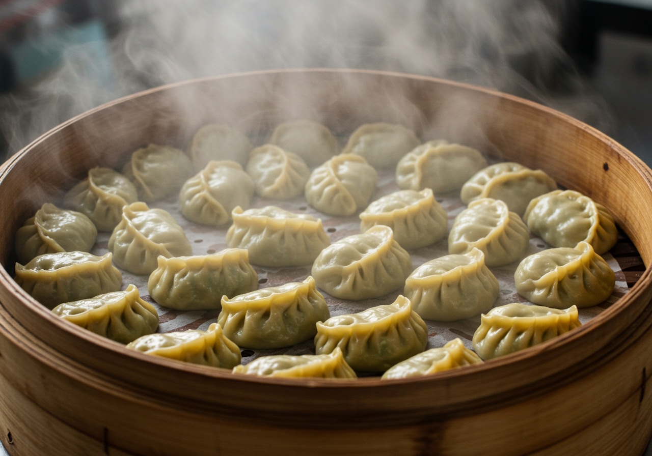 Steamer basket filled with neatly arranged Nepalese momo, with steam rising