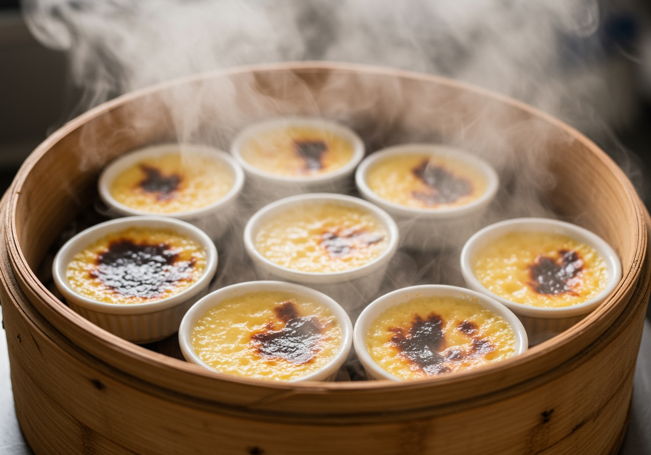 Steamer basket filled with ramekins of Banh Flan, steam gently rising.