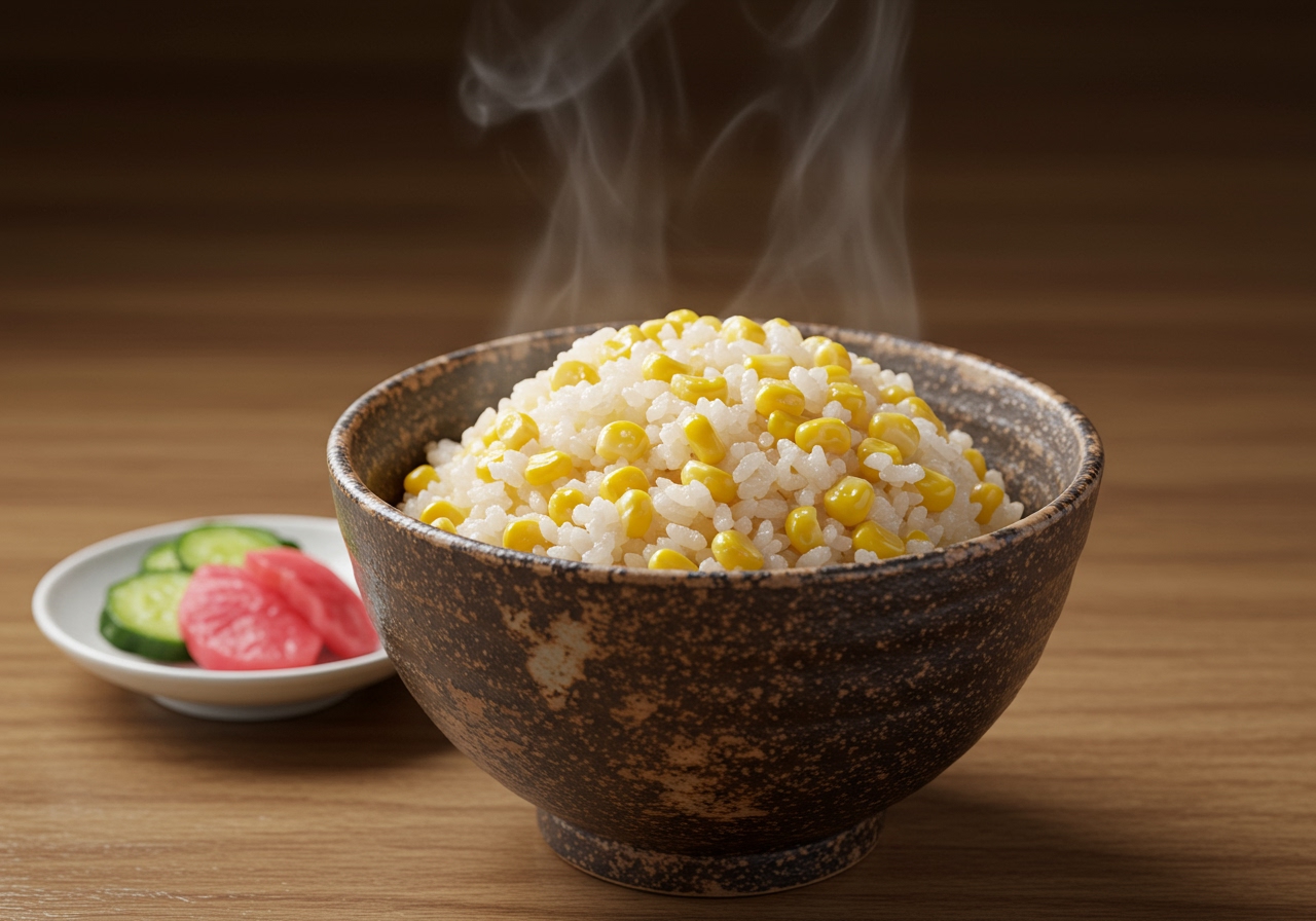 Steaming hot corn rice served in a traditional Japanese ceramic bowl, maybe with some simple pickles on the side