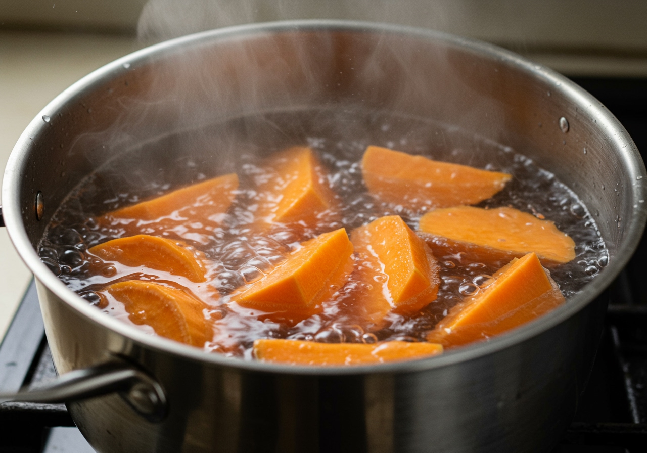 Steaming or boiling sliced sweet potatoes until tender