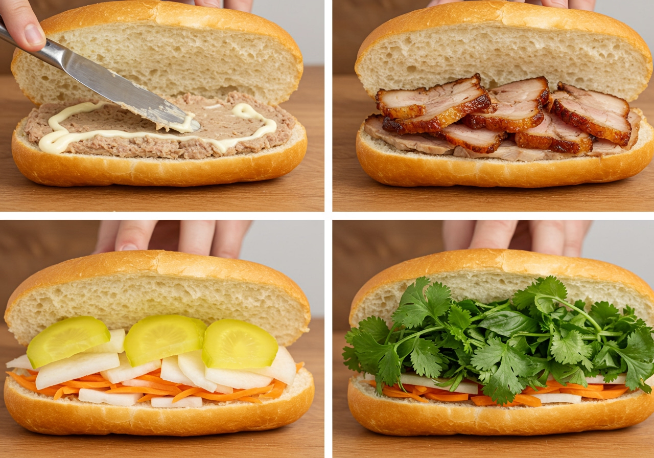 Step-by-step image showing a Banh Mi being assembled, starting with spreading pate/mayo, adding meat, pickles, and finally a generous amount of fresh herbs.