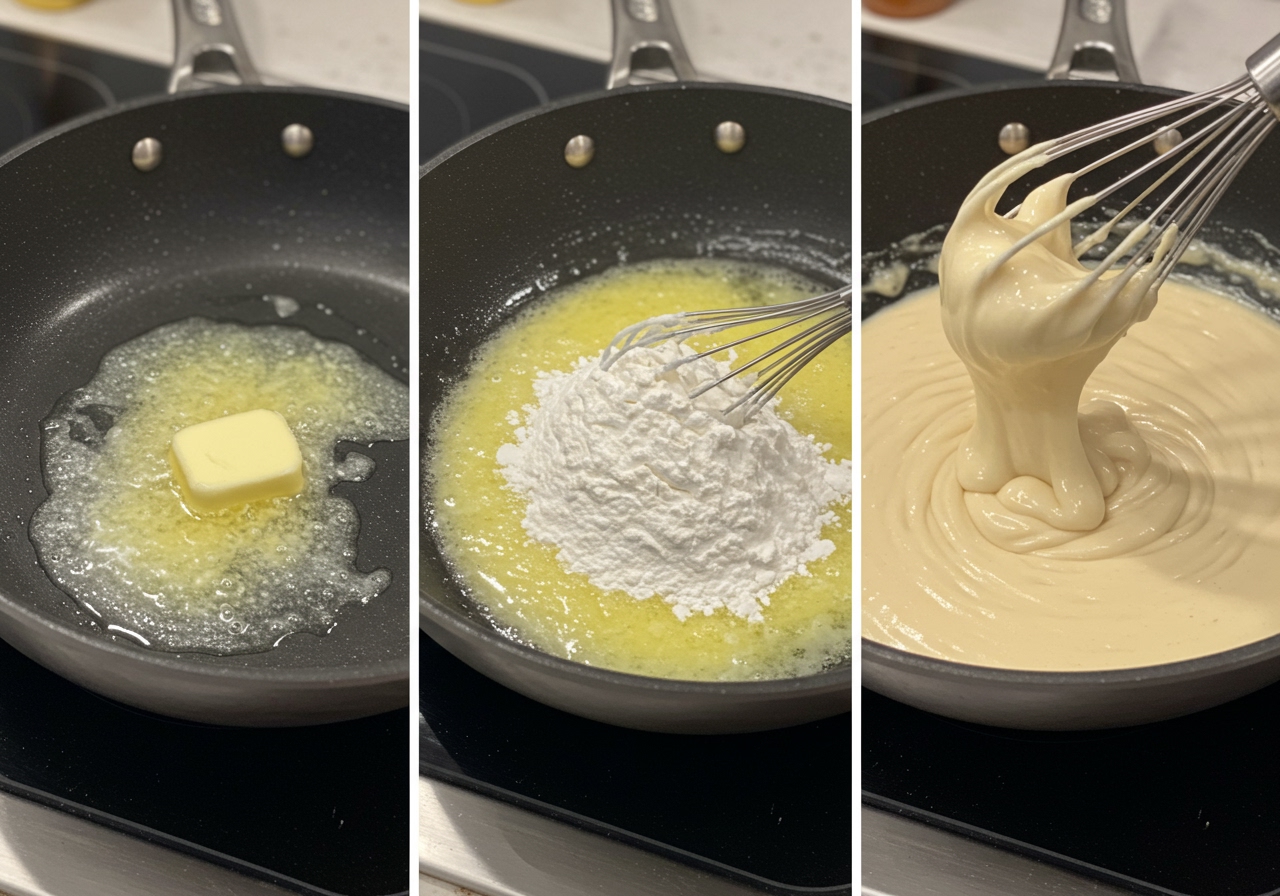 Step-by-step image showing butter melting and flour being added to make a roux in a pan