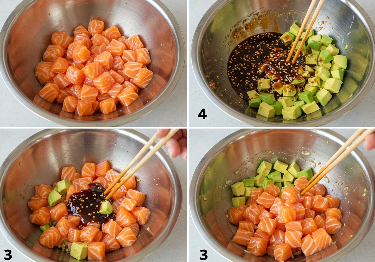 Step-by-step image showing diced fresh salmon and avocado being gently mixed with the poke sauce in a bowl.