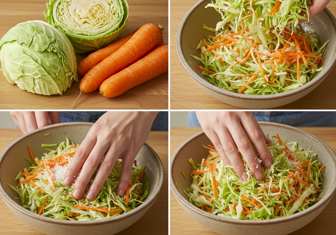 Step-by-step image showing finely shredded cabbage and carrots being placed in a bowl and gently massaged with salt.
