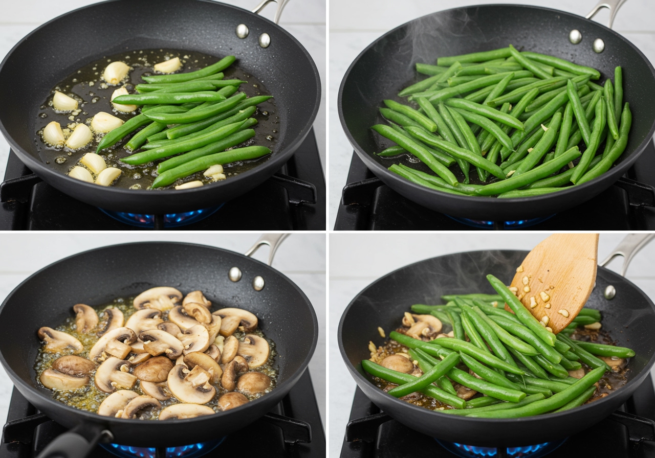 Step-by-step image showing green beans and mushrooms being sautéed in a hot pan with garlic.