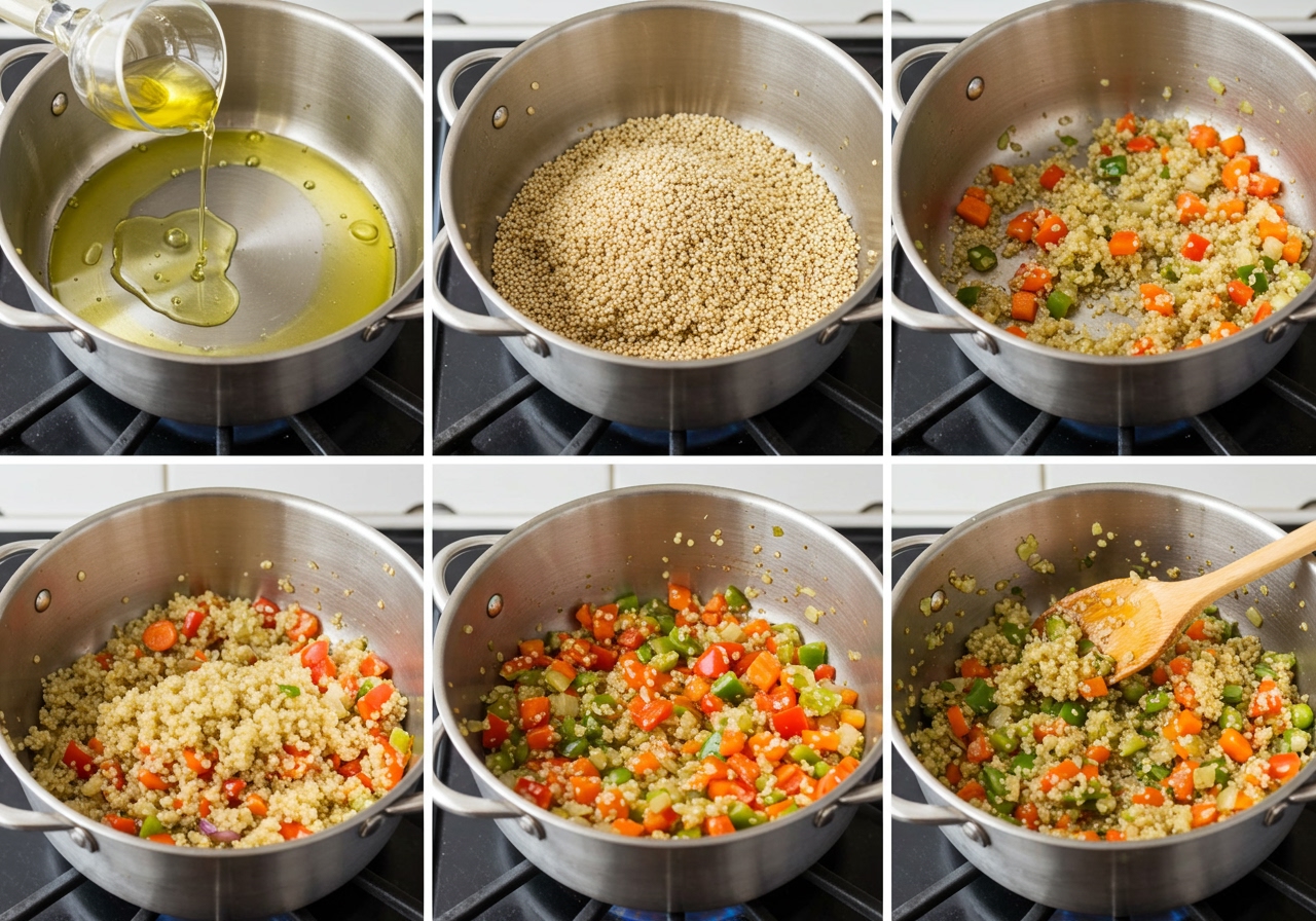 Step-by-step image showing quinoa being sautéed in a pot with vegetables