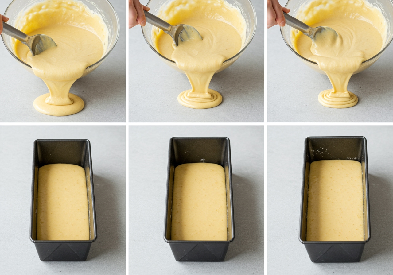 Step-by-step image showing the cake batter being poured into a prepared loaf pan.