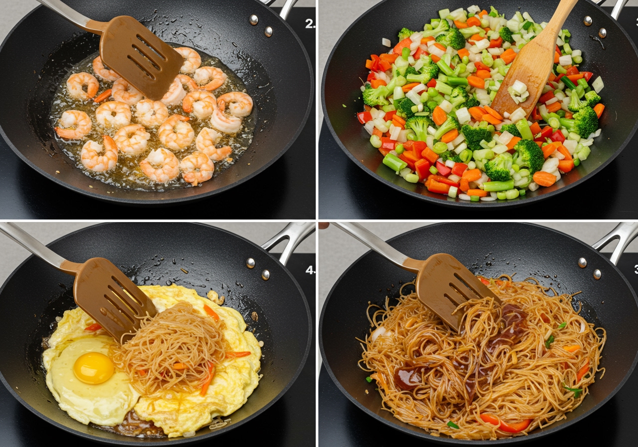 Step-by-step image showing the cooking process: 1) Stir-frying shrimp, 2) Adding vegetables, 3) Adding egg to the side, 4) Mixing in vermicelli and sauce.