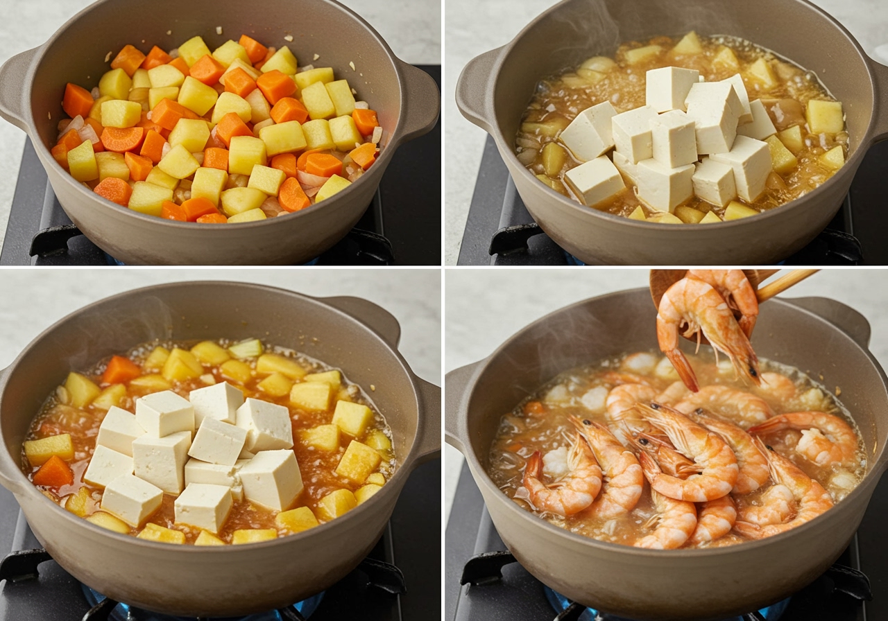 Step-by-step images of the stew making process, showing vegetables simmering, then tofu added, and finally shrimp.