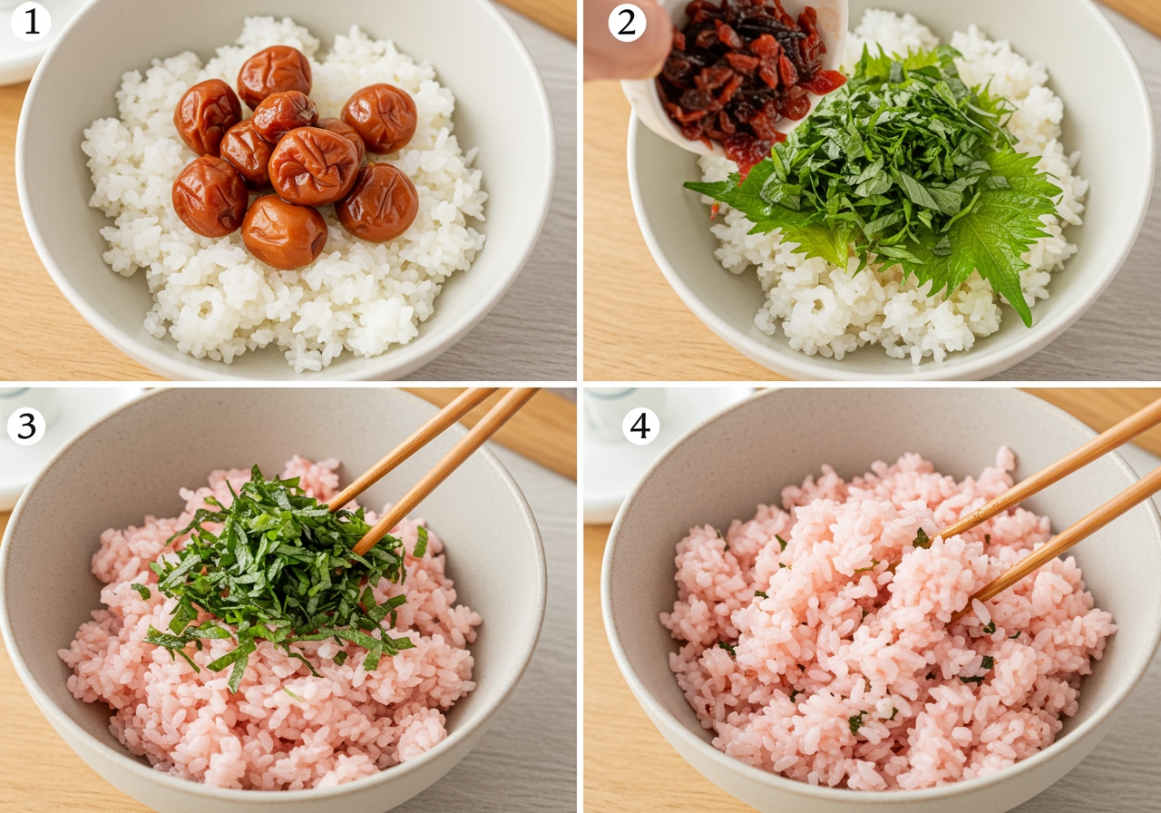Step-by-step images showing how to mix umeboshi and shiso into rice in a bowl before shaping.