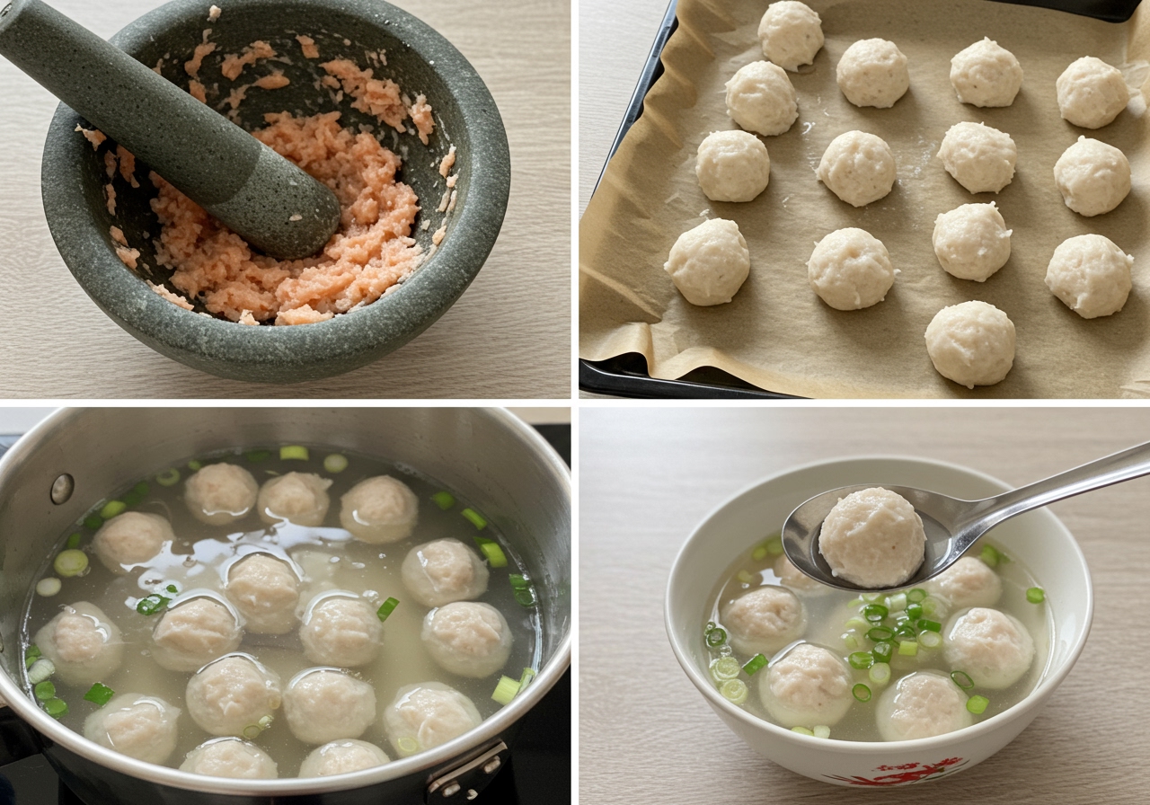 Step-by-step images showing the process: making shrimp paste, forming shrimp balls, adding balls to boiling soup, finished soup in a bowl.