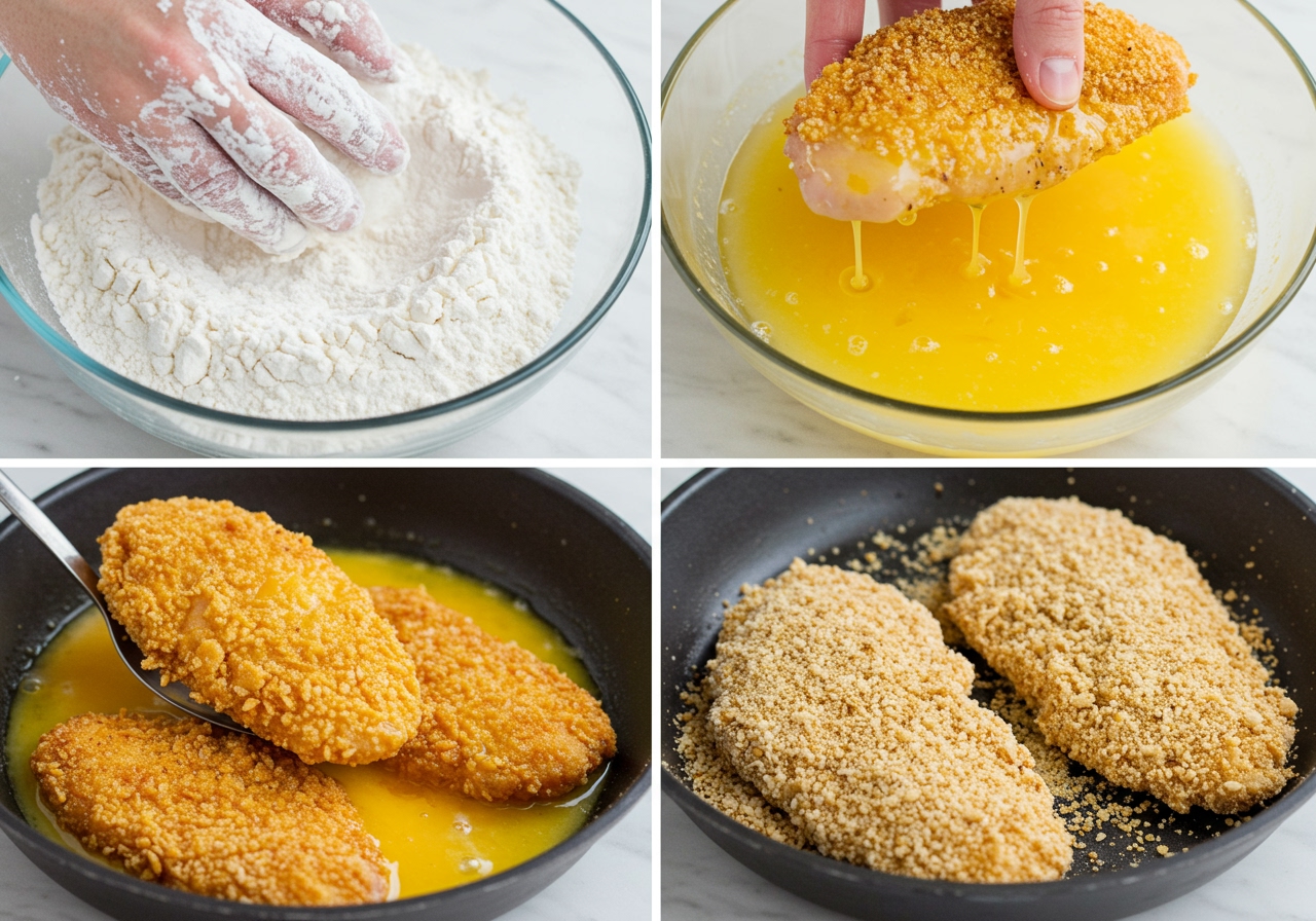 Step-by-step photo collage showing the breading process: dredging in flour, dipping in egg wash, coating with seasoned breadcrumbs.