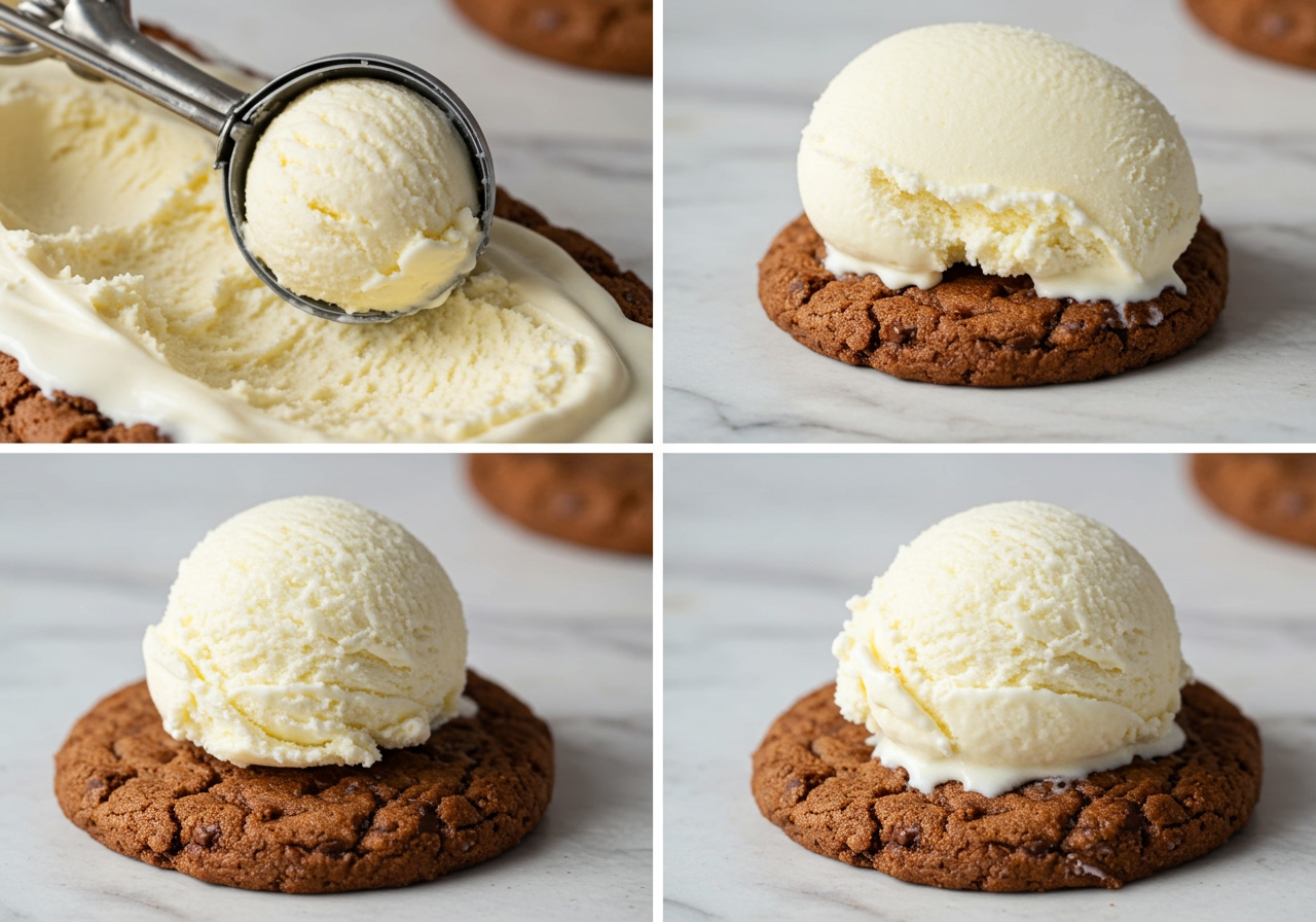 Step-by-step photo showing softened ice cream being placed onto a chocolate cookie.