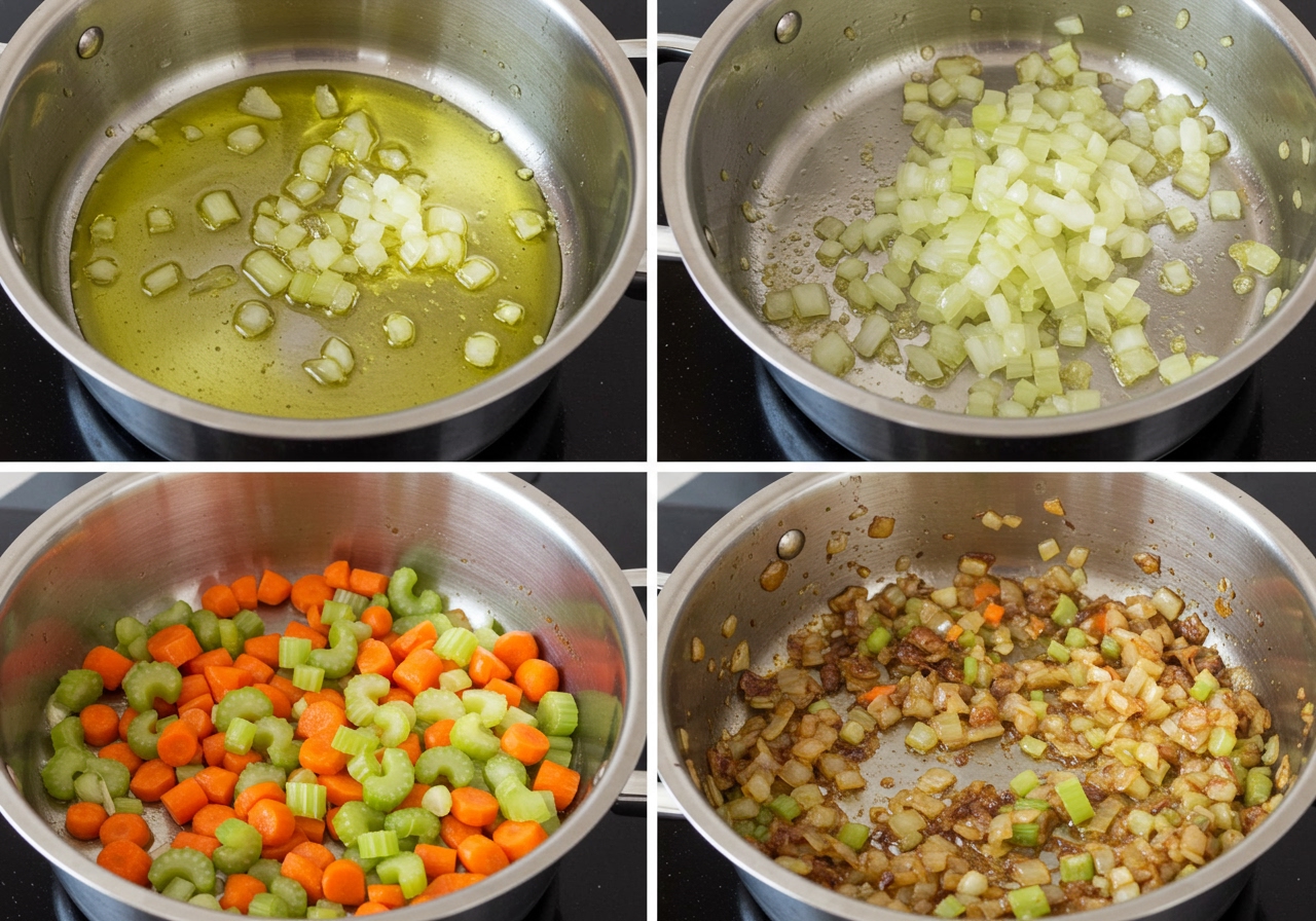 Step-by-step photo showing the initial sauteing of onions, carrots, and celery in a pot with olive oil.