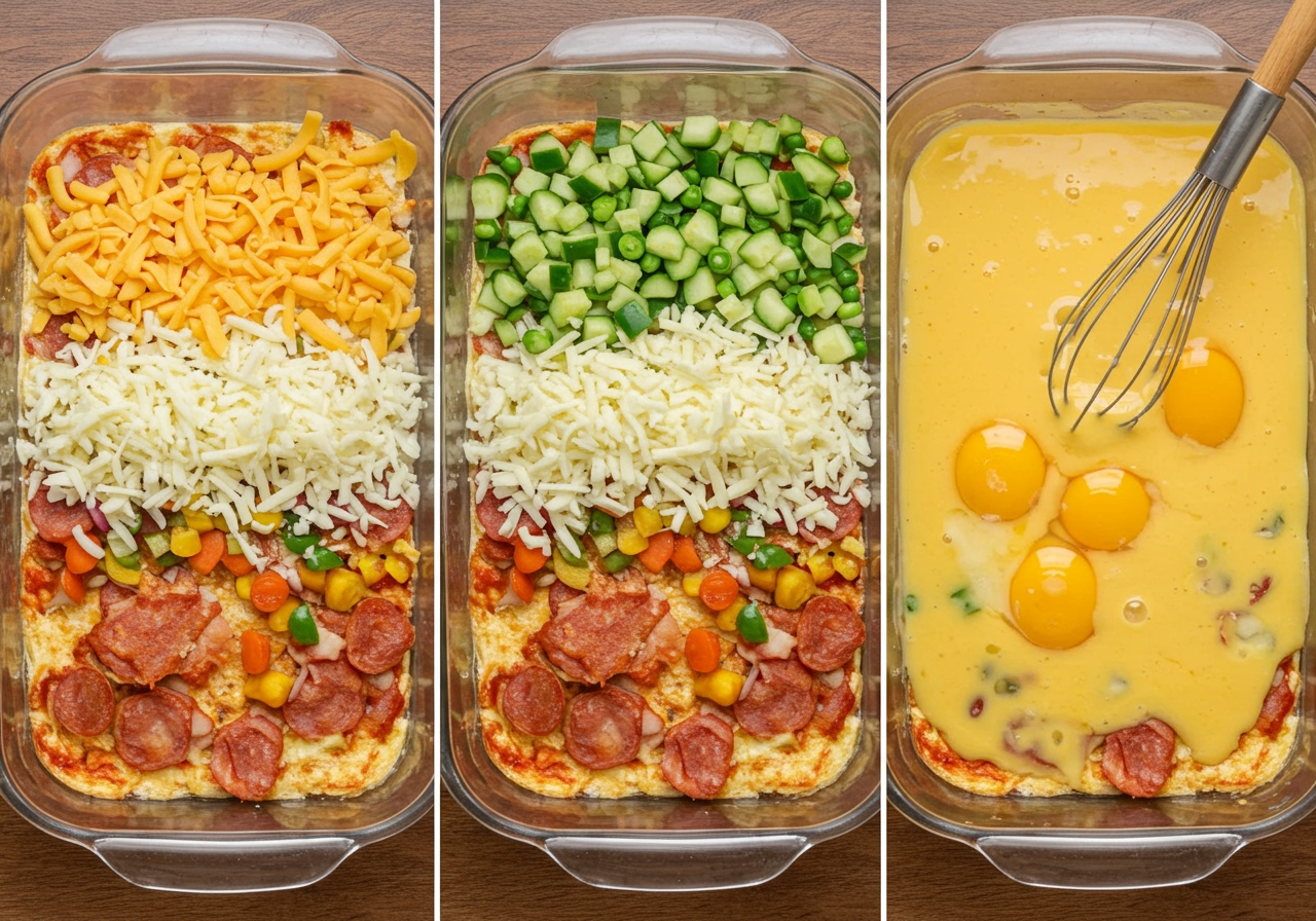 Step-by-step photo showing the layers of the casserole in a baking dish before baking: chopped pizza at the bottom, followed by chopped vegetables and some cheese, and finally the whisked egg mixture being poured over.