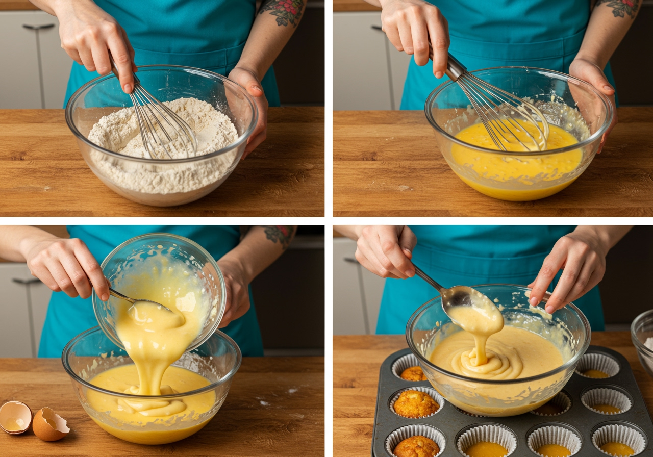 Step-by-step photos showing the process: mixing dry ingredients, mixing wet ingredients, combining them, and filling muffin cups.