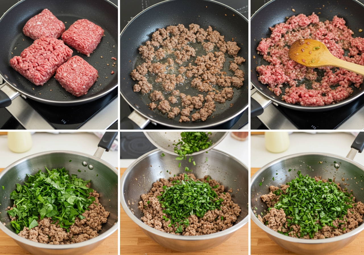 Step-by-step process image showing minced meat being cooked in a pan, then mixed with herbs and dressing in a bowl.