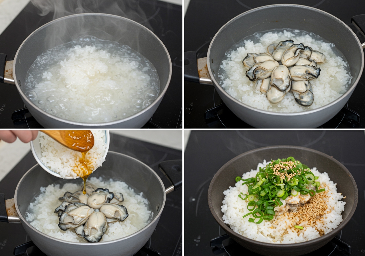 Step-by-step process image showing rice boiling, adding oysters, and the finished dish being garnished