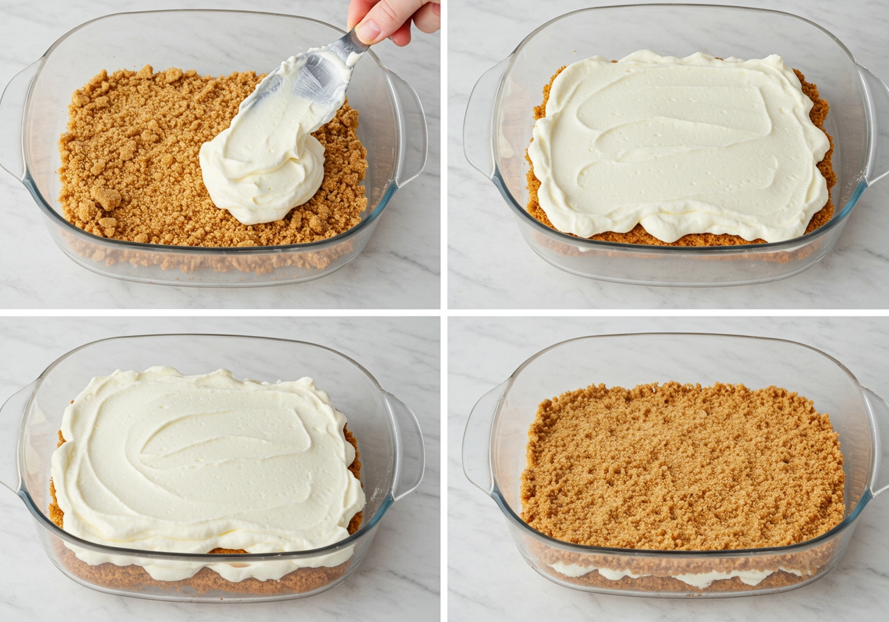 Step-by-step process image showing the layering of crushed biscuits and cream mixture in a cake pan.