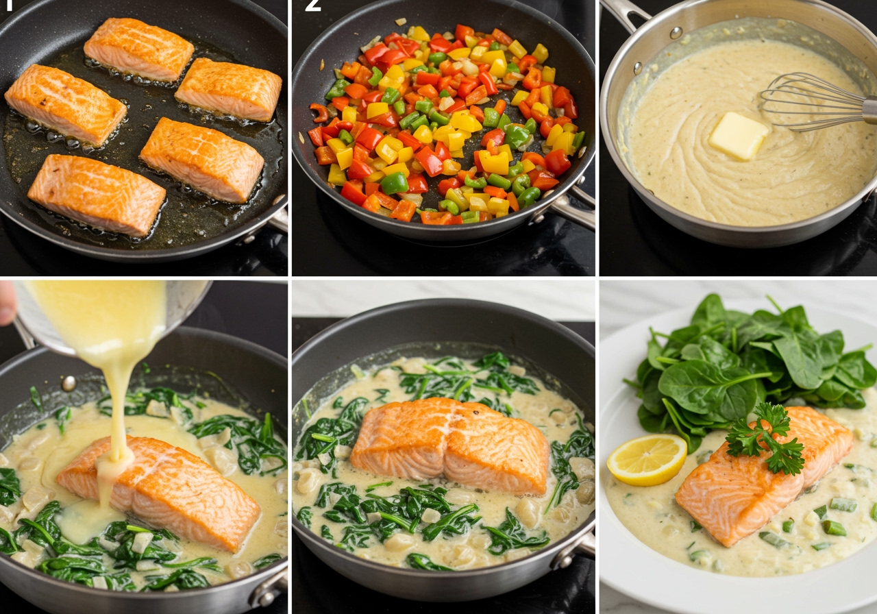 Step-by-step sequence or collage of cooking images - frying salmon, sauteing vegetables, making the roux, adding liquid, adding salmon and spinach.