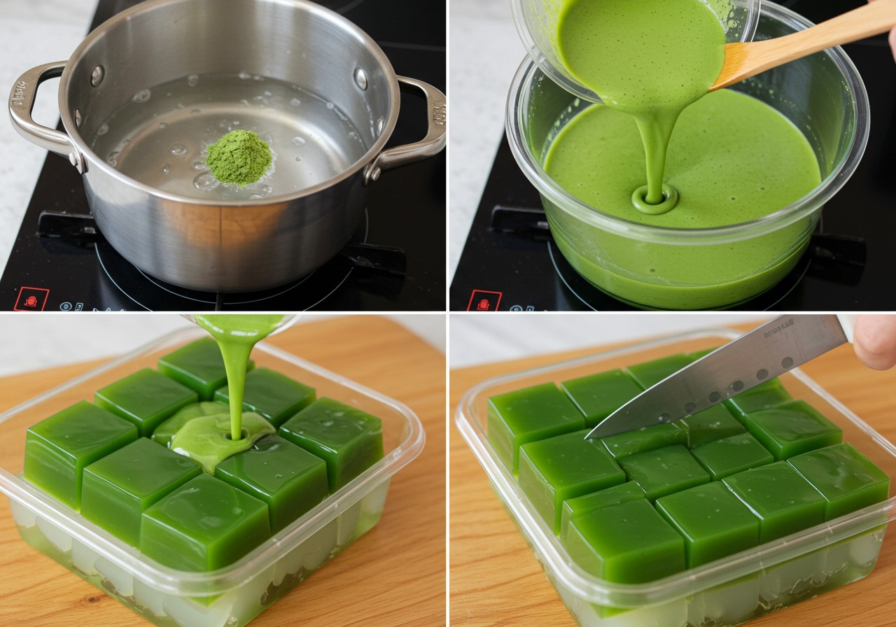 Step-by-step sequence showing how to make Matcha Kanten: dissolving agar in water, adding matcha mixture, pouring into a container, and the final set and cubed green jelly.