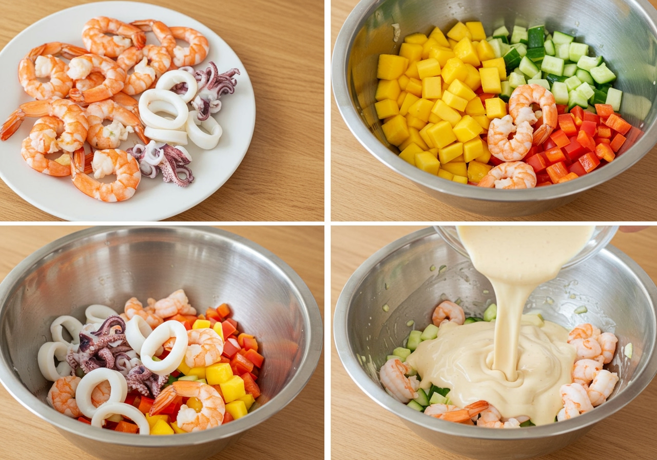 Step-by-step visual guide showing cooked shrimp and squid, chopped mango and vegetables, and the ingredients being tossed together in a large bowl with dressing.