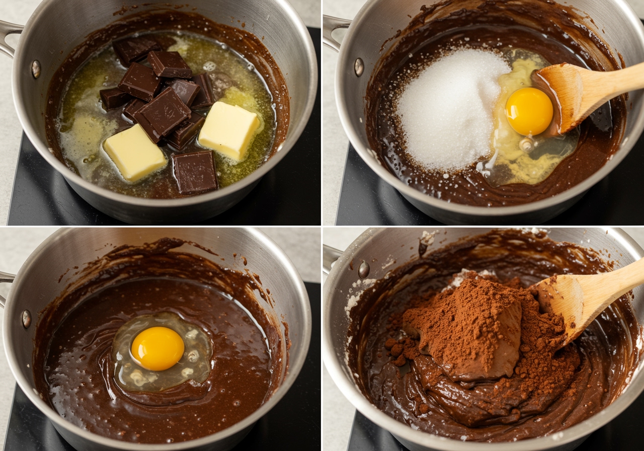 Steps of making brownie batter: melting butter and chocolate, mixing in sugar and egg, gently folding in flour and cocoa.