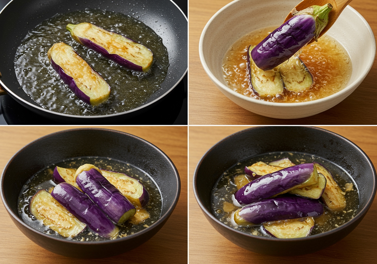 Steps of making nasu agebitashi: Frying eggplant in oil, then transferring it into a bowl of dashi mixture.