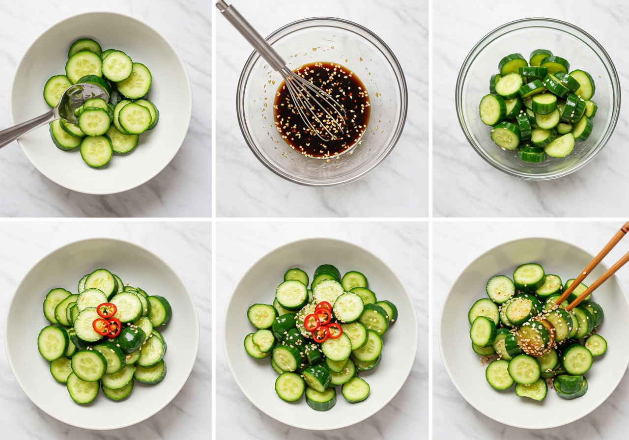 Steps of making smashed cucumber: smashing cucumbers, mixing dressing, combining ingredients