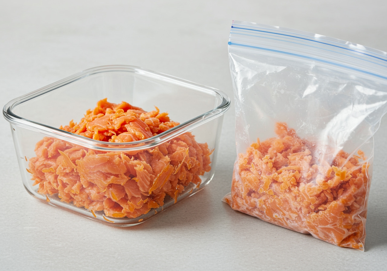 Stored salmon flakes in airtight containers, one in the fridge and one in a freezer bag.