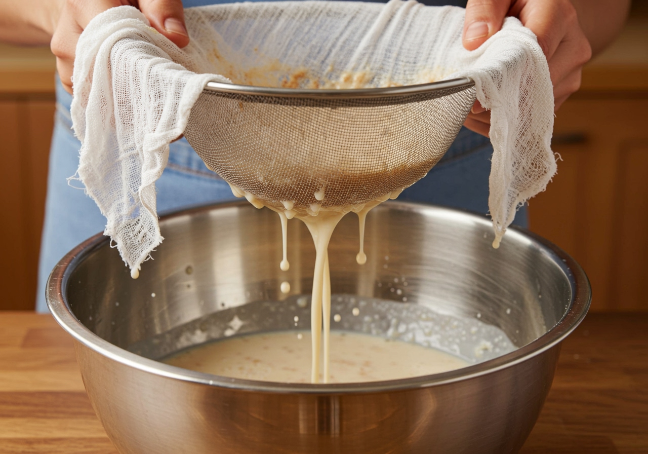 Straining the blended horchata mixture through cheesecloth set over a bowl