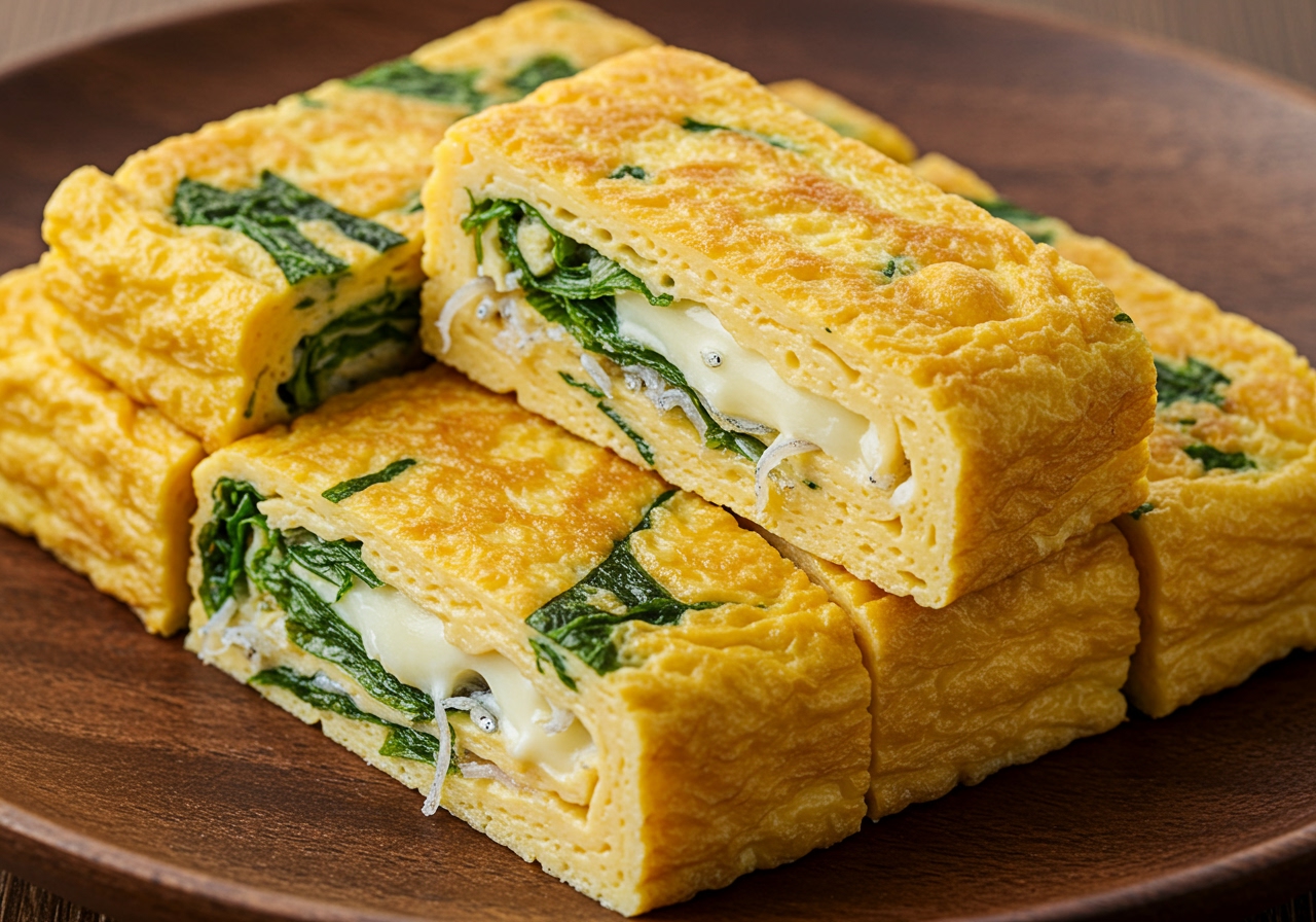 Tamagoyaki slices showing green specks of perilla leaves mixed with shirasu and cheese.