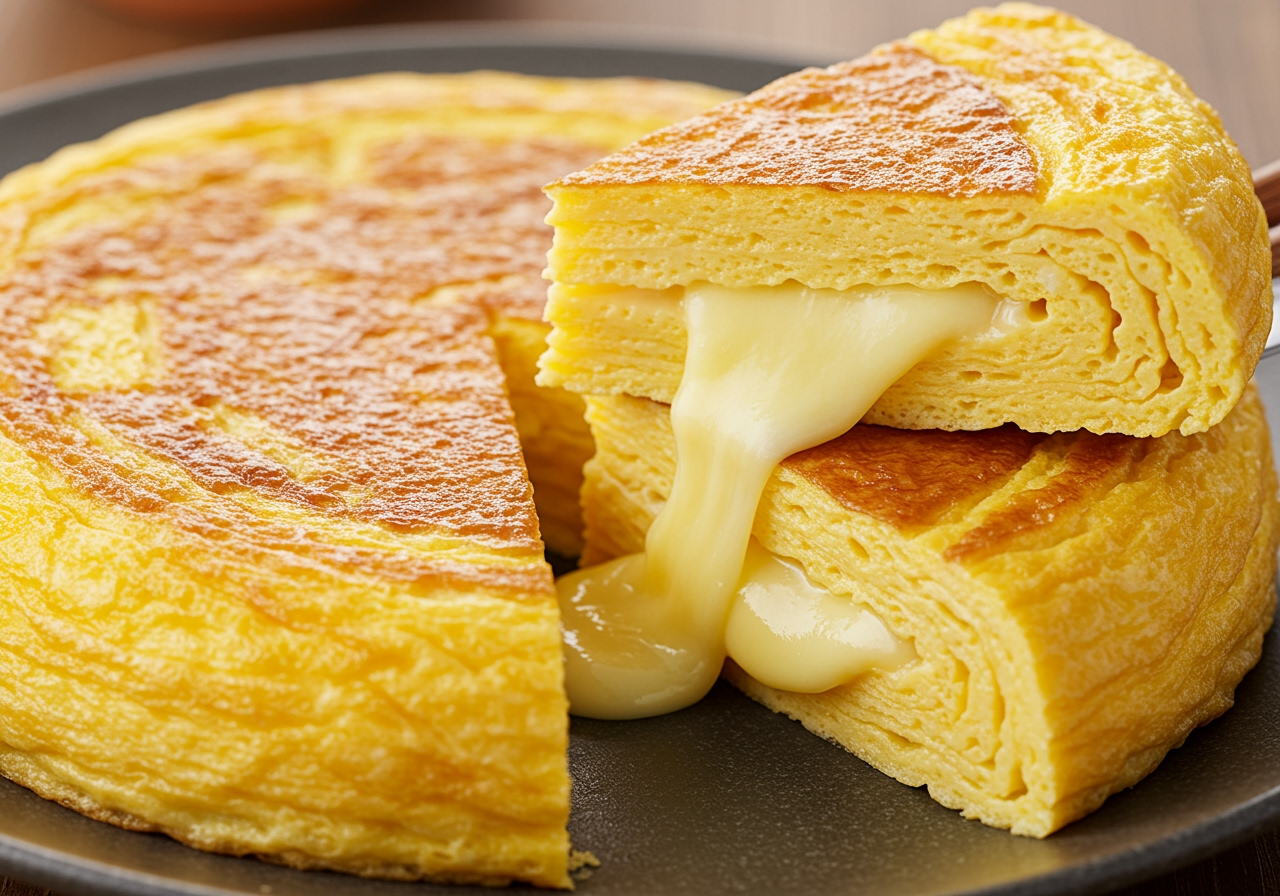 Tamagoyaki with cheese melting slightly out of a slice, suggesting a richer texture.