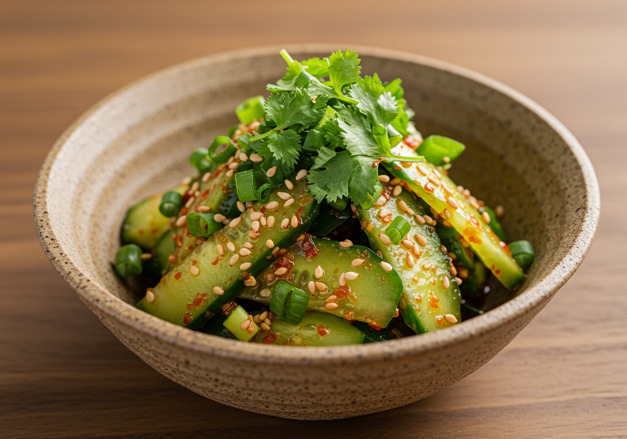 Tataki kyuri pirikara ae served in a small bowl, garnished with extra sesame seeds