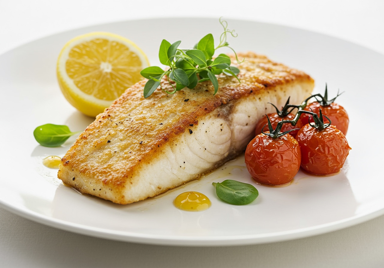 The completed dish served on a modern plate, showing a perfectly cooked fillet with a golden crust, lemon, herbs, and perhaps some roasted cherry tomatoes.