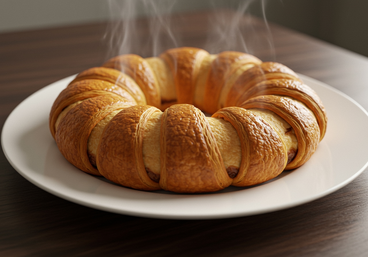 The entire baked croissant ring on a serving platter, ready to be sliced, steam gently rising.