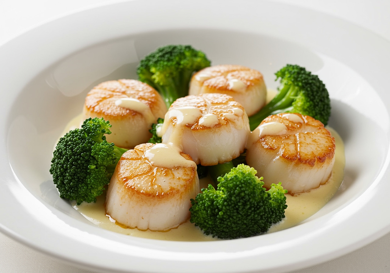 The final dish served in a shallow bowl or plate, showing the creamy sauce, green broccoli, and seared scallops.